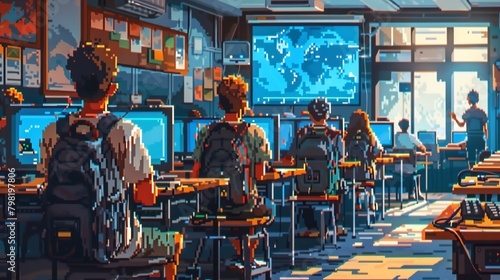 Craft a detailed pixel art scene of a bustling virtual classroom, with students interacting through screens from around the world, incorporating vibrant colors and dynamic elements to symbolize the in