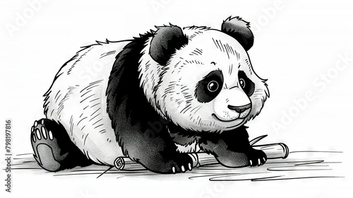  A panda bear, depicted in black and white, sits on the ground with its paws firmly planted below