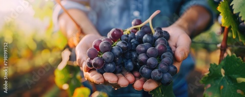 Hand tenderly holding a bunch of ripe grapes in a sunlit vineyard, showcasing the beauty and bounty of harvest time.