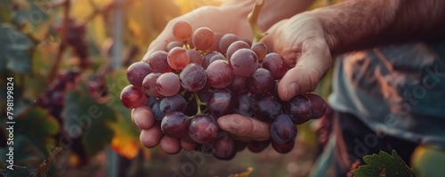Hand tenderly holding a bunch of ripe grapes in a sunlit vineyard, showcasing the beauty and bounty of harvest time.