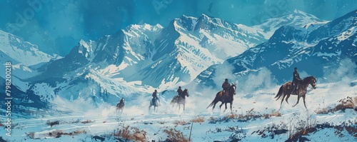 Cowboy leading horses in snowy landscape. banner