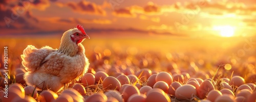 A majestic han or chicken oversees a clutch of eggs nestled in hay against the backdrop of a radiant sunrise on a farm.