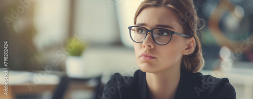 A worried young woman with glasses.