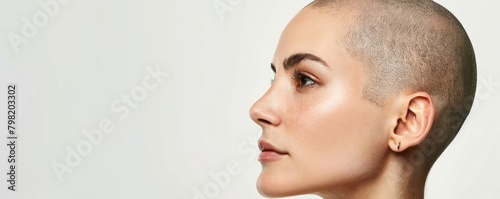bald woman head on white background. conceptually provocative or illnes theme