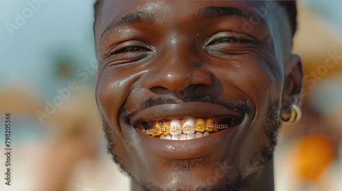 Cultural Expression: Black Man's Joyful Smile Highlights Gold Grillz Dental Jewelry on Blurred Background 