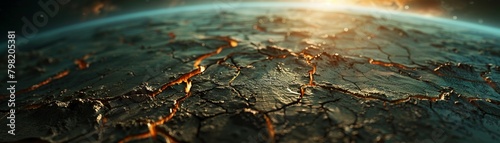 Earth with its oceans drying up, leaving cracked and scorched land
