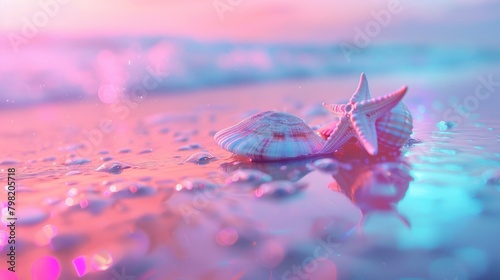 Two seashells are sitting on the beach in front of a pink and blue sky, AI
