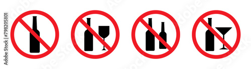 No alcohol sign symbols. Set of no alcohol vector signs. Do not drink alcohol in this area. Prohibited icons of drink alcohol. No alcohol, No drinking vector illustration.