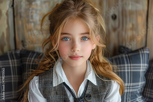 A young girl with long blonde hair and blue eyes is wearing a black tie. She is smiling and looking directly at the camera