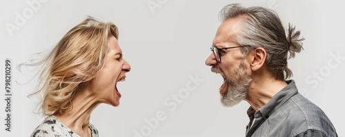 Mature man and woman expressing strong emotions in a heated argument, facing each other with mouths open against white backdrop.