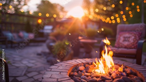 As the sun sets and the temperature drops the outdoor patio becomes a serene retreat with a beautiful fire pit as the main feature. 2d flat cartoon.