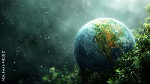 Earth planet surrounded by leaves on natural background. Earth Day design concept with copy space