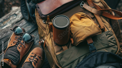 Travel Speaker A travel-inspired photograph featuring a portable speaker tucked into a backpack alongside other essentials, emphasizing its lightweight and compact form factor,