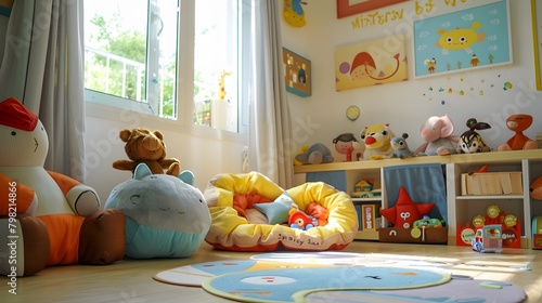 A bright, cheerful playroom filled with soft, squishy stuffed toys of various shapes and sizes