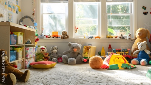 A bright, cheerful playroom filled with soft, squishy stuffed toys of various shapes and sizes