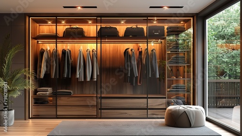Wooden wardrobe with glass sliding doors in minimalist style interior design of modern bedroom.