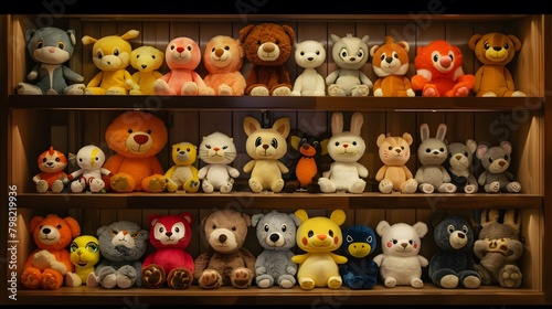 A collection of plush animal toys arranged neatly on a shelf, each one with a different expression