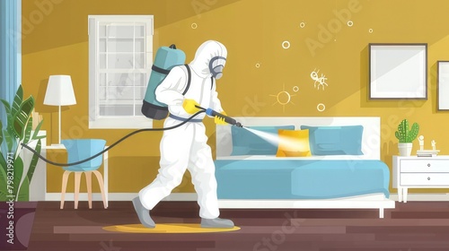 Protecting Homes Faceless Pest Control Worker in Protective Suit Sprays Insect Poison in Bedroom for Safe Environment