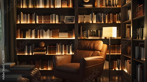 A cozy reading nook in a minimalist luxury room, featuring a sleek bookshelf filled with leather-bound classics and modern literature, bathed in soft lamplight.