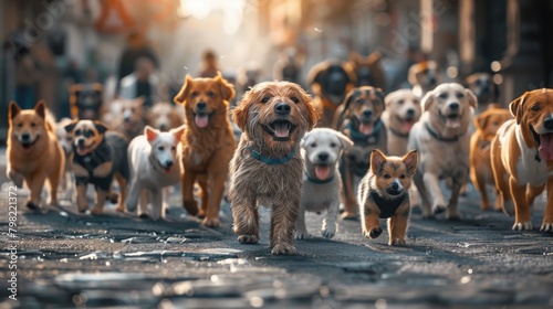 Parade of Joyful Dogs Enjoying a Sunny Street Walk