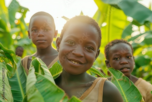 Joyful African Teenagers Harvesting Bananas on a Sunny Day