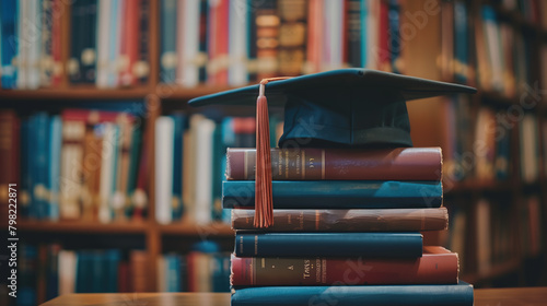 A stack of books towering high with a graduation cap crowning the top, symbolizing the path of learning and accomplishment