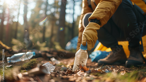 A close-up of hands wearing biodegradable gloves picking up litter around a campsite. The focus is on the hands as they collect a plastic bottle, with camping gear softly blurred i
