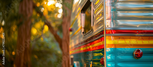 A close-up of the colorful, polished exterior of a vintage trailer, focusing on the unique design elements like the chrome trim and classic logo. The background softly blurs out to
