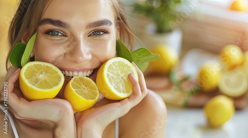 Zesty Delight Attractive Woman Enjoys Lemon Aroma at Home for Refreshing and Vibrant Experience 