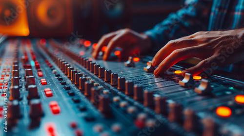 A recording studio scene where a music producer from a diverse background mixes tracks. Focus on the mixing console and the producer’s hands, with the artist in the booth blurred,