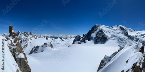 Haute-Savoie, France, 04-25-2024: panoramic view from L’Aiguille du Midi (Needle at midday), the highest spire (3.842 m) of the Aiguilles de Chamonix, with Mont Blanc massif peaks and the italian Alps
