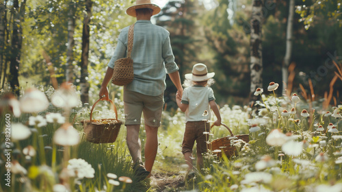  Family on walk in forest, going through meadow. Picking mushrooms, herbs, flowers picking in basket, foraging. Concept of family ecological hobby in nature.