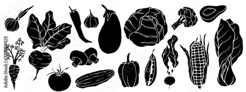 Set of silhouettes, stencils of vegetables, root vegetables. Vector graphics.
