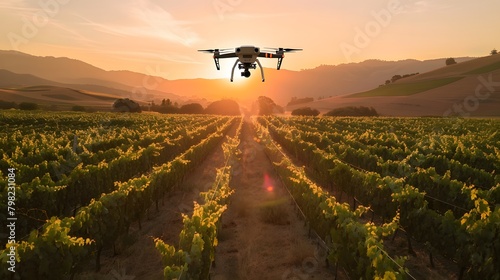 A picturesque vineyard at sunset, with AI-powered drones flying low over the vines, collecting data on moisture levels and vine health to optimize irrigation schedules and prevent disease.