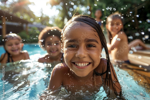 A group of happy smiling children having fun splashing in the swimming pool on a sunny day
