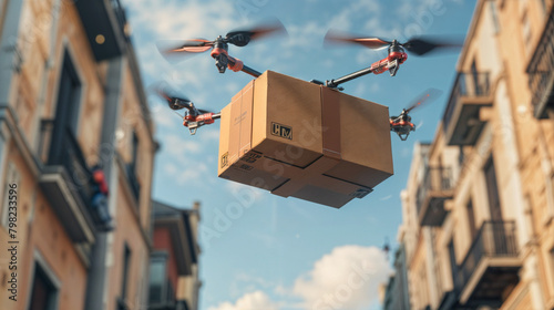 Drone, quadcopter is delivering package, cardboard.Drone technology engineering device, industry flying, industrial logistic export import product, delivery service shipping, transport transportation.