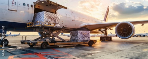 commercial airplane with cargo containers being loaded, signifying global transportation and logistics.