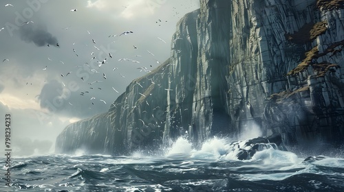 A rugged cliff face rising dramatically from the ocean, waves crashing against its base as seabirds soar overhead.