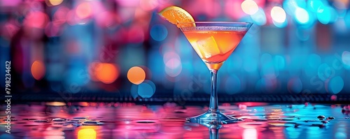 An image of a martini glass with a slice of lemon resting on its rim, filled with ice and garnished with a cherry, set against a blurred backdrop that suggests a lively bar atmosphere.