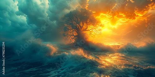 Enigmatic seascape with fiery sky and solitary tree