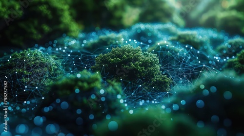 Describe an ecosystem in a Technology-inspired way, highlighting its interconnectedness and complexity Close-up