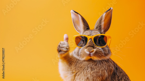 "Funny Easter Animal Pet: Easter Bunny Rabbit with Sunglasses, Giving Thumbs Up, Isolated on Orange Background", "Funny Easter Concept Holiday Animal Celebration Greeting Card: Cool Easter Bunny Rabbi