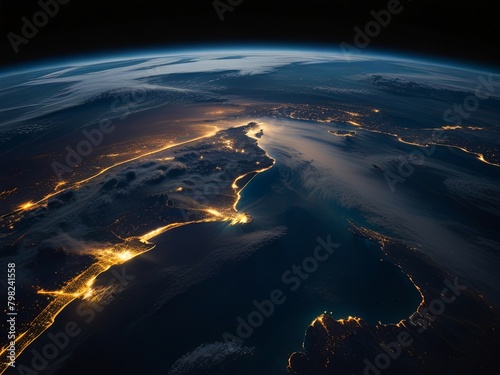 Earth from space showing city lights, highlighting global connectivity and urbanization, ideal for environmental and tech themes.