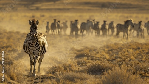 Portrait of a zebra standing alone away from its herd. Zebras in african savannah.