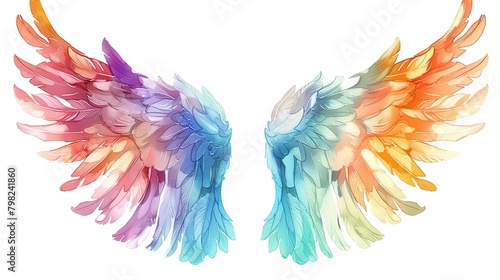 Clipart illustration of rainbow pastel angel wings isolated on white background