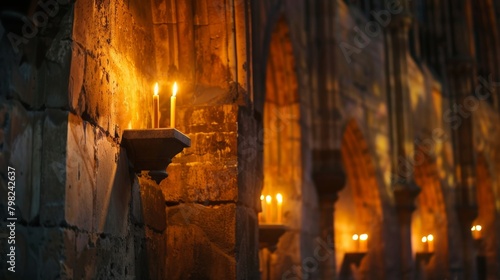 The entrance of a Gothicstyle cathedral is illuminated by alcoves in the stone walls each holding a flickering candle to guide worshippers into the depths of the church. 2d flat cartoon.