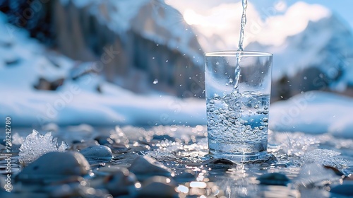 Mineral drinking water is poured into a glass against the backdrop of a snowy mountain landscape. Organic pure fresh natural water