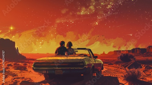 A man and woman are seated inside a car in the desert