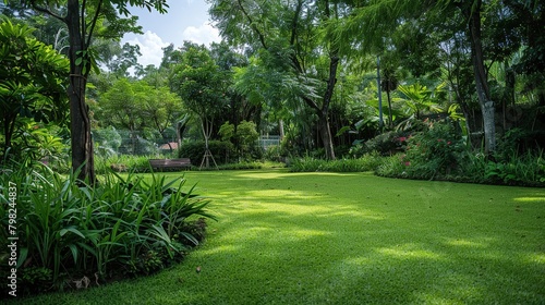 A beautiful garden with neat green grass, trees and bushes. The background of a beautiful garden.