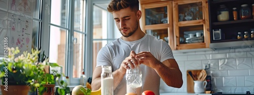 male athlete pours protein powder into a bottle to replace a meal after a workout